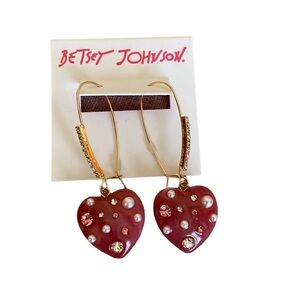 Betsey Johnson Heart Earrings Crystal Pearl Pink New